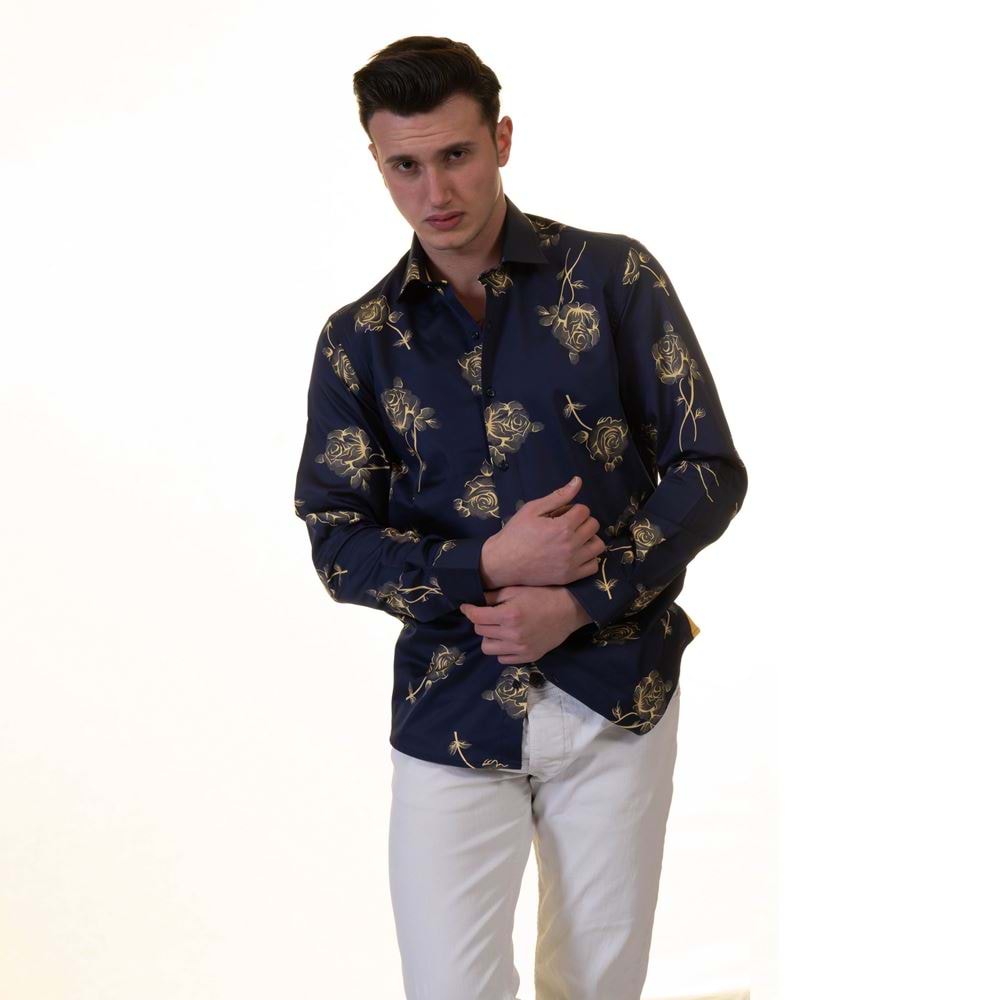 Navy Gold Floral Printed Cotton Men's Shirt