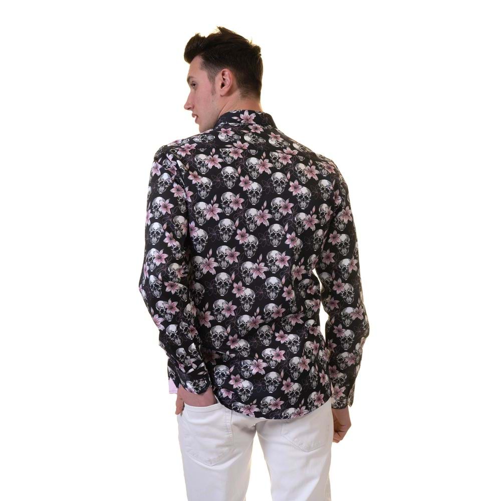Pink Floral Skull Printed Printed Cotton Men's Shirt