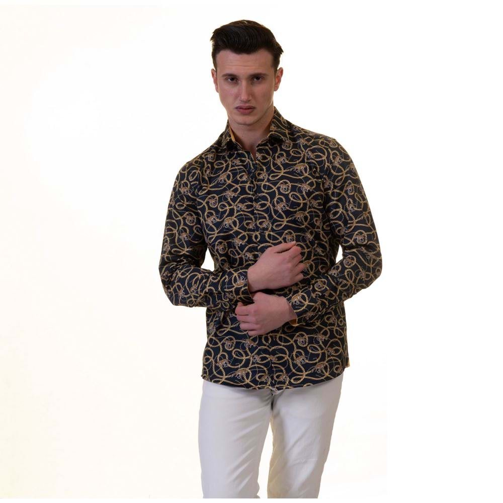 Navy Gold Leopard Printed Printed Cotton Men's Shirt