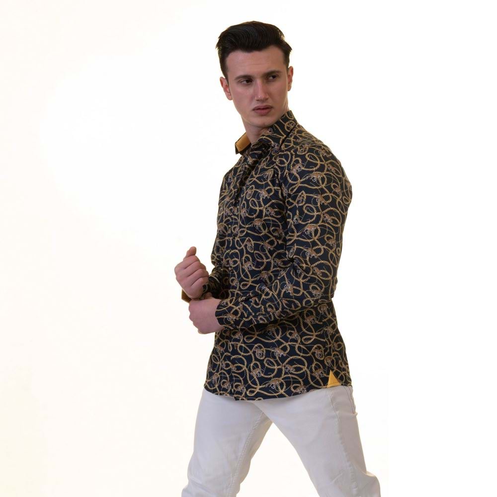 Navy Gold Leopard Printed Printed Cotton Men's Shirt