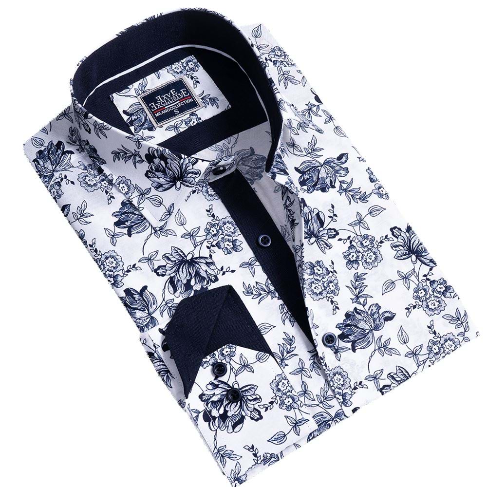 White Navy Floral Printed Men's Shirt