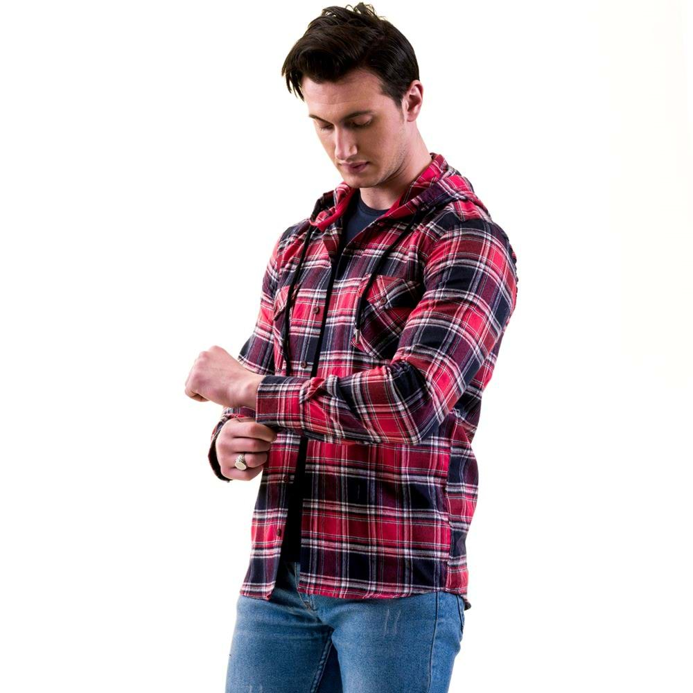 Red and Navy Plaid Double Pockets Wool Men's Hooded Shirt