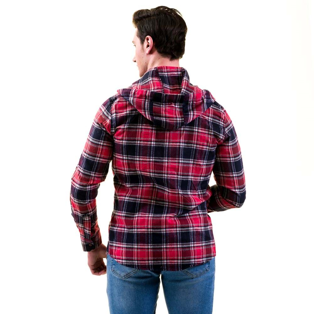 Red and Navy Plaid Double Pockets Wool Men's Hooded Shirt