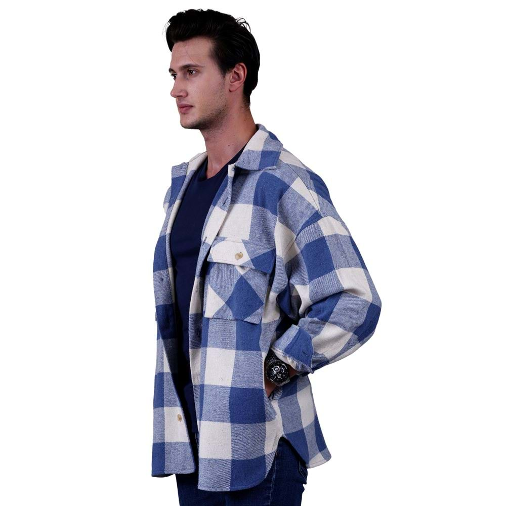 Sky Blue and Beige Gingham Checkered Over Size Lumberjack Shirt