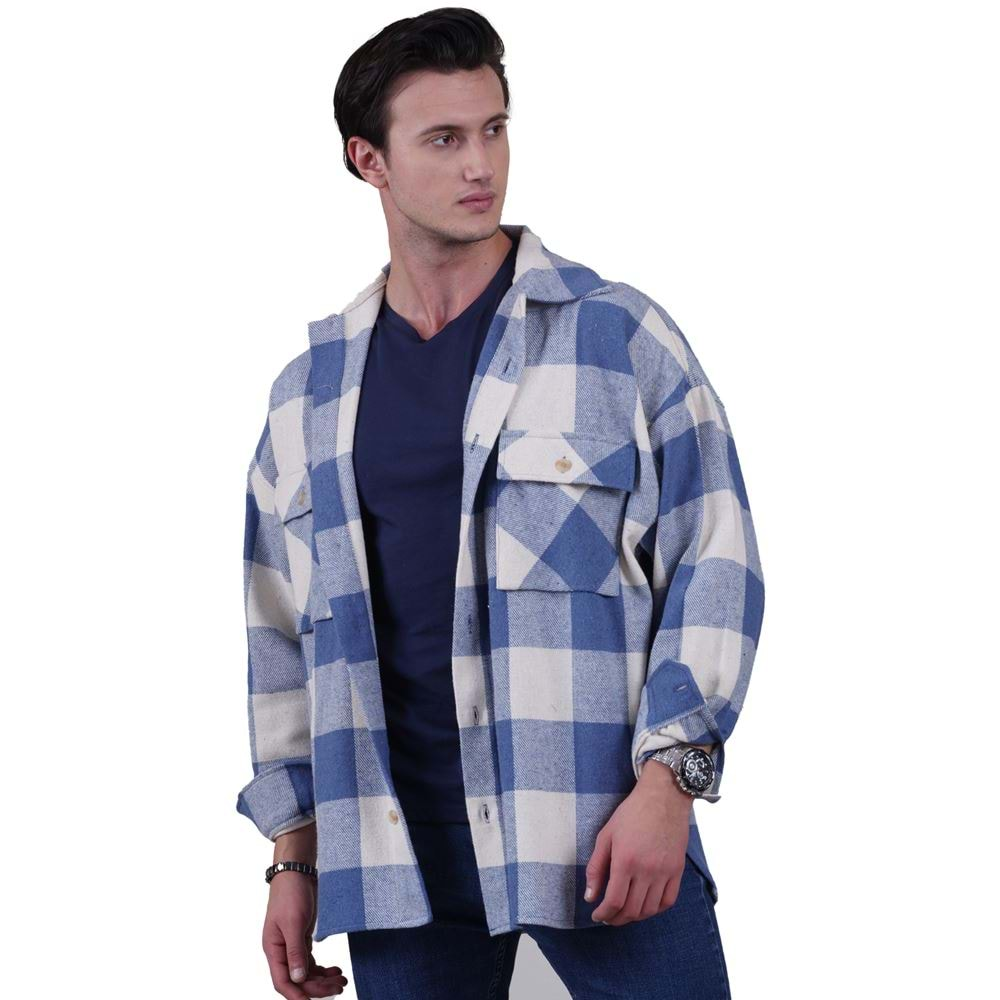 Sky Blue and Beige Gingham Checkered Over Size Lumberjack Shirt