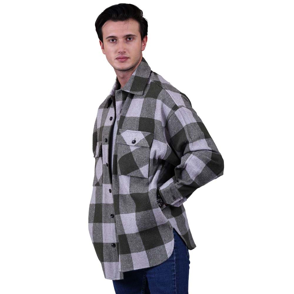 Khaki and Gray Gingham Checkered Over Size Lumberjack Shirt