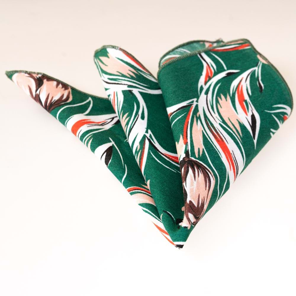 Red Tulip Printed on Green Breathable Handkerchief