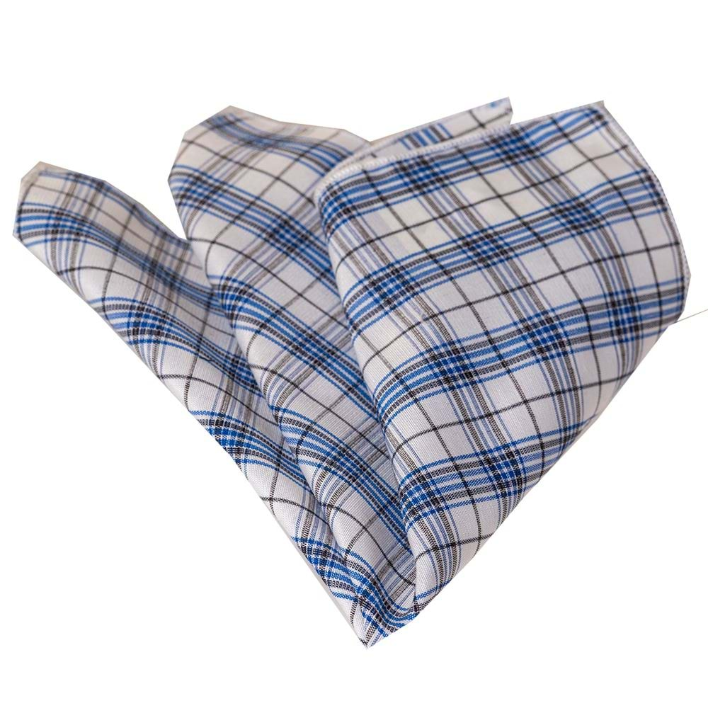 Blue Black Plaid Checked Cotton Handkerchief on White