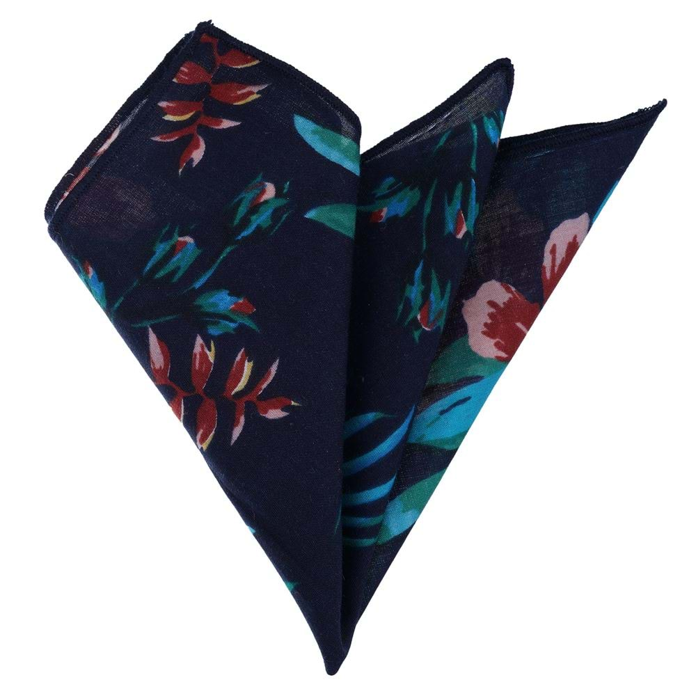 Navy Floral Digital Printed Cotton Pocket Square