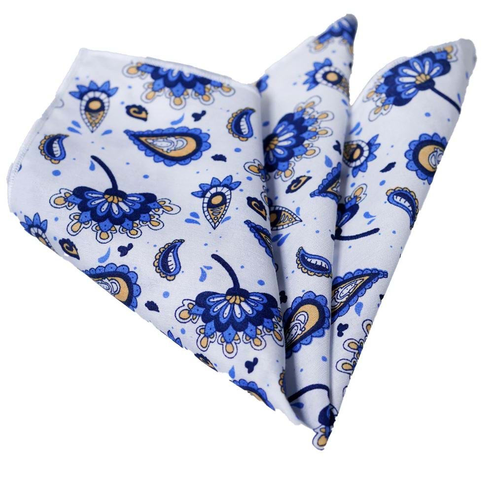 Blue White Paisley on White Pocket Square