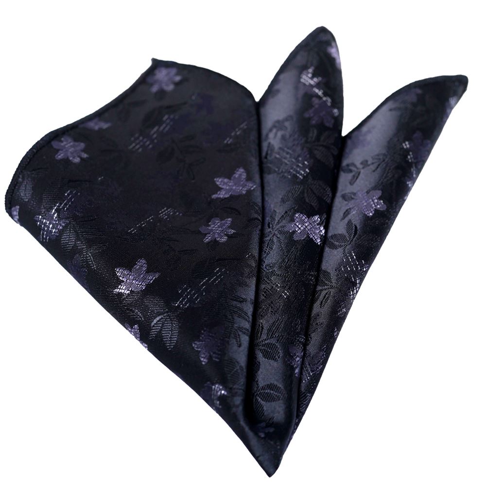 Gray Flowers on Black Pocket Square