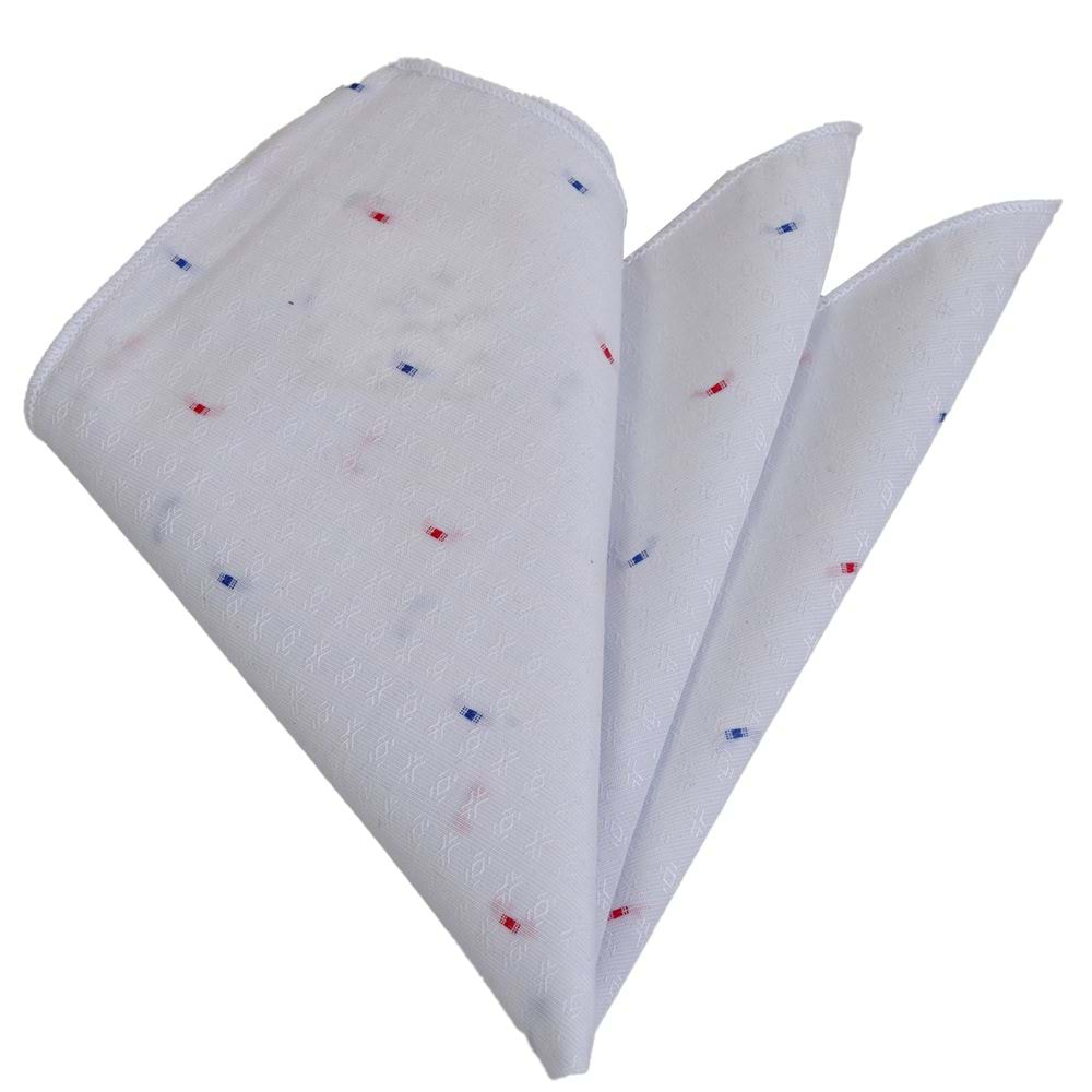 White Designer with Red Blue Pocket Square