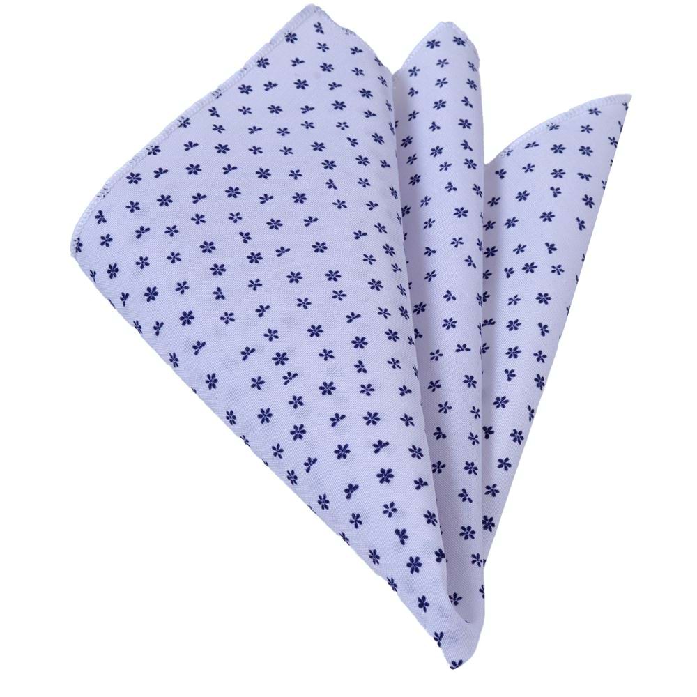 White Navy Floral Printed Pocket Square