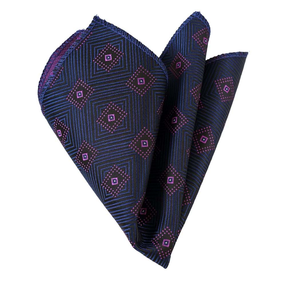Purple Square Patterned Jacquard Woven Collar Handkerchief on Navy Blue