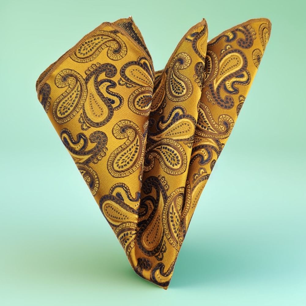 Golden and Navy Paisley Pocket Square