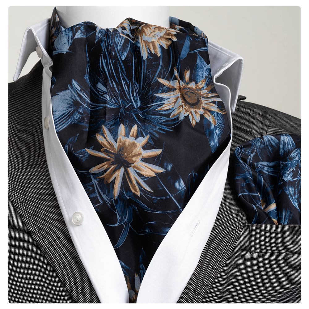 Navy Beige Floral Ascot Hanky Set