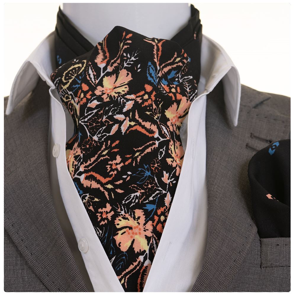 Peach and Blue Floral on Black Ascot Hanky Set