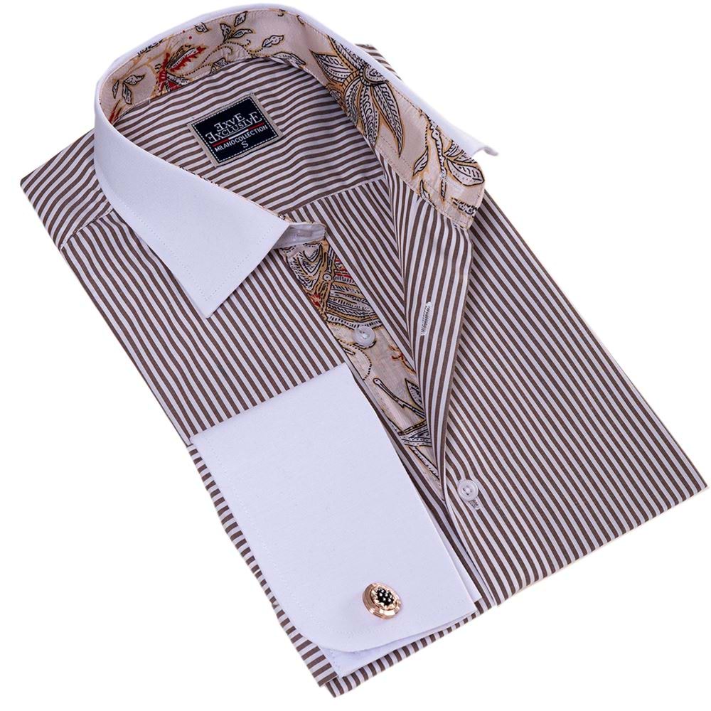 White Camel Striped Contrast Collar French Cuff Shirt
