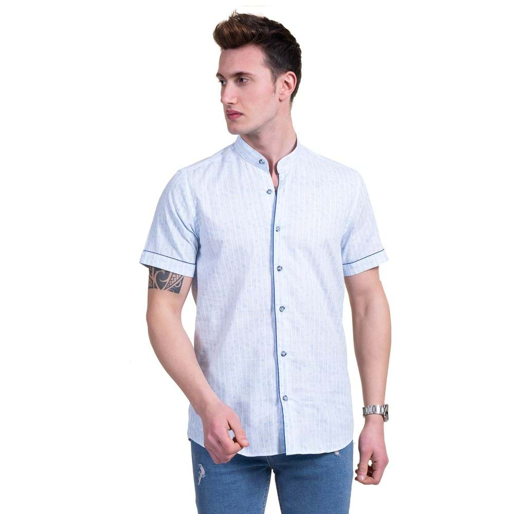 Light Blue Striped Linen Men's Mandarin Neck Shirt