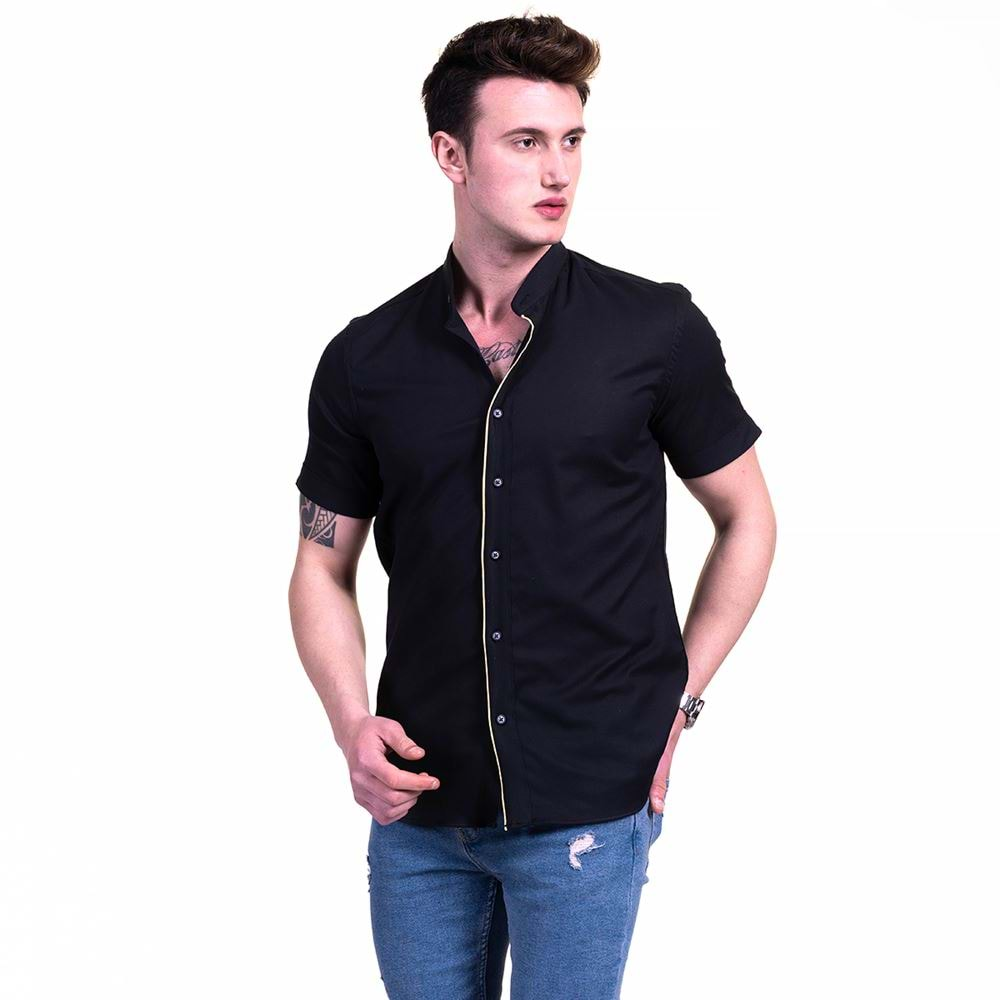 Black and Yellow Line Men's Mandarin Neck Shirt