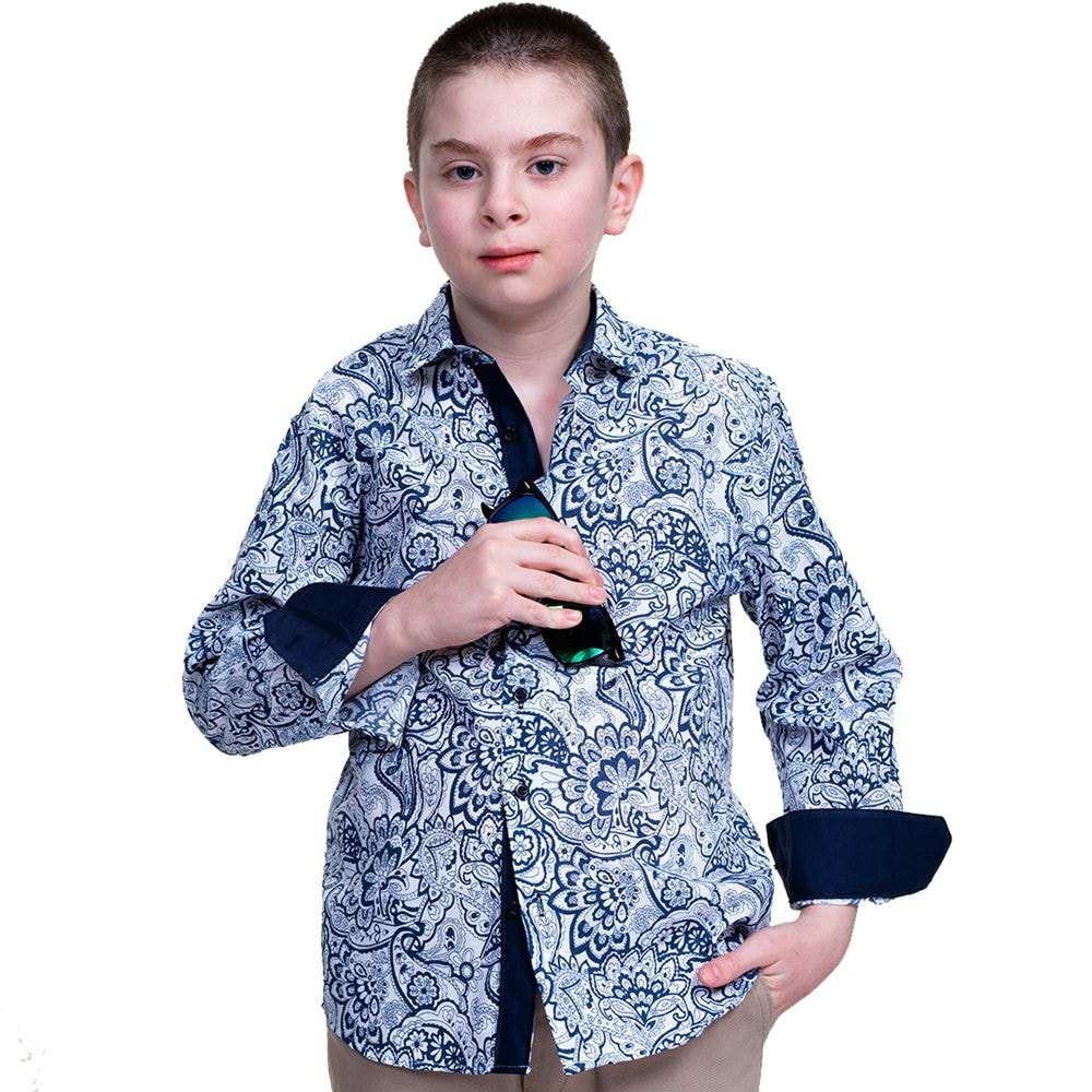 Navy Paisley Kids Dress Shirt