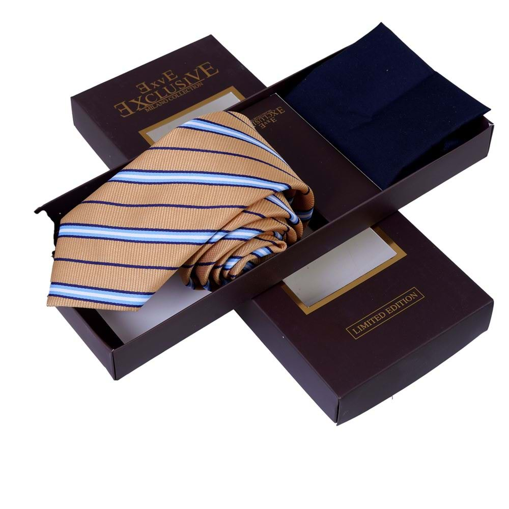 Yellow Blue Striped Tie and Pocket Square Set in Box