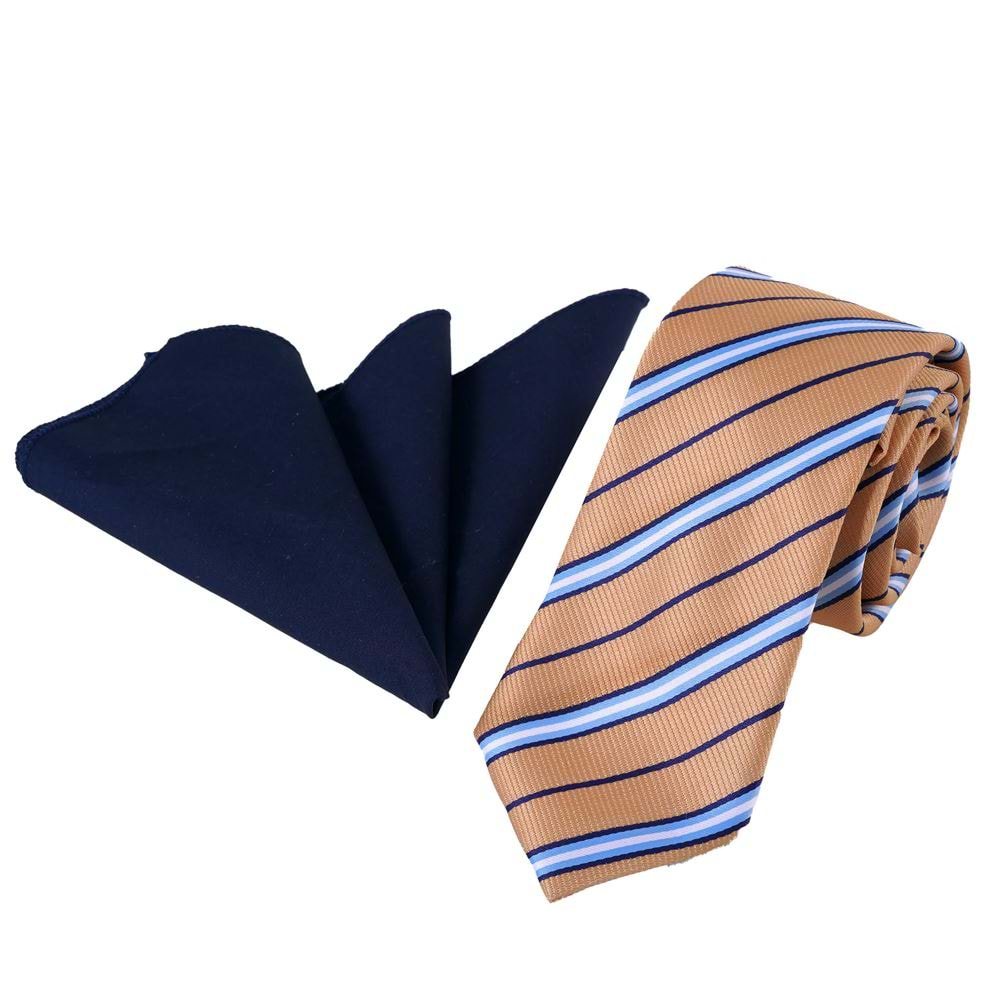 Yellow Blue Striped Tie and Pocket Square Set in Box