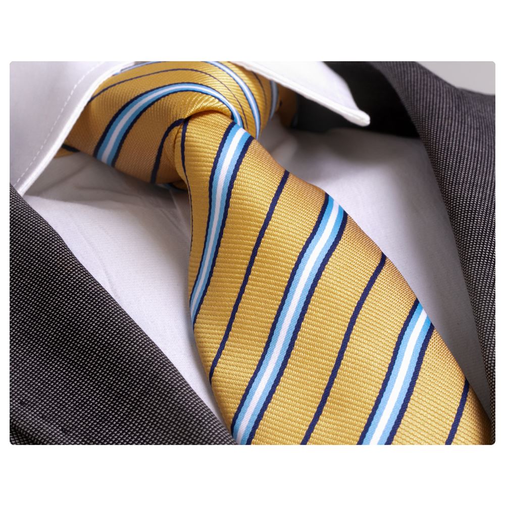 Yellow Blue Striped Tie and Pocket Square Set in Box