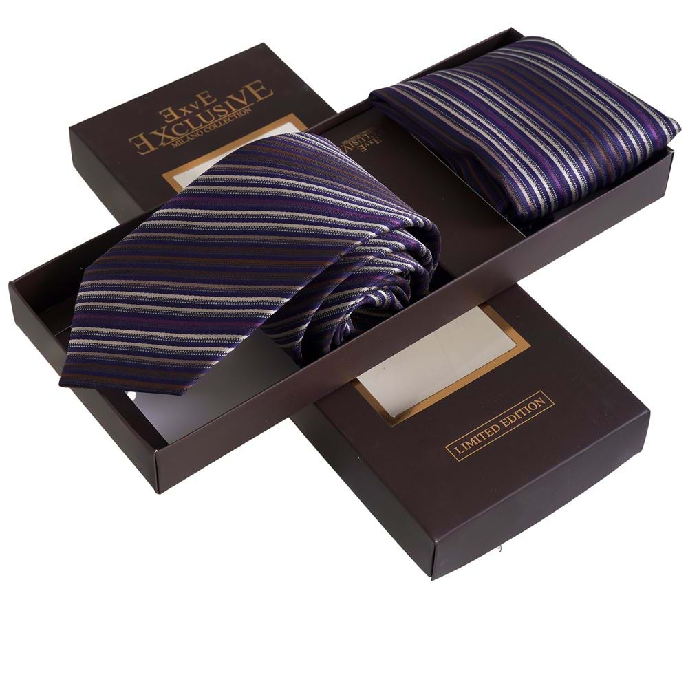 Purple Brown Striped Tie and Pocket Square Set in Box