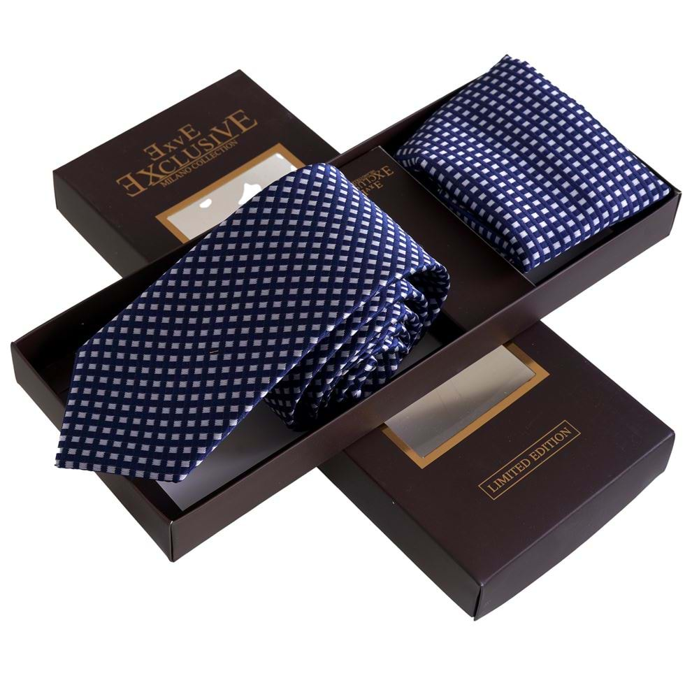 Navy White Squares Tie and Pocket Square Set in Box