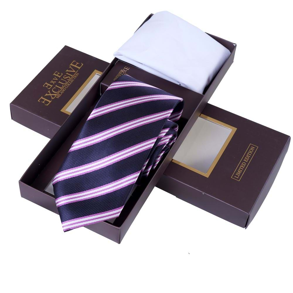 Navy Lilac White Striped Tie and Pocket Square Set in Box