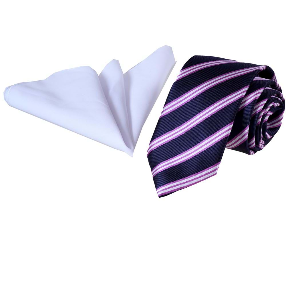 Navy Lilac White Striped Tie and Pocket Square Set in Box