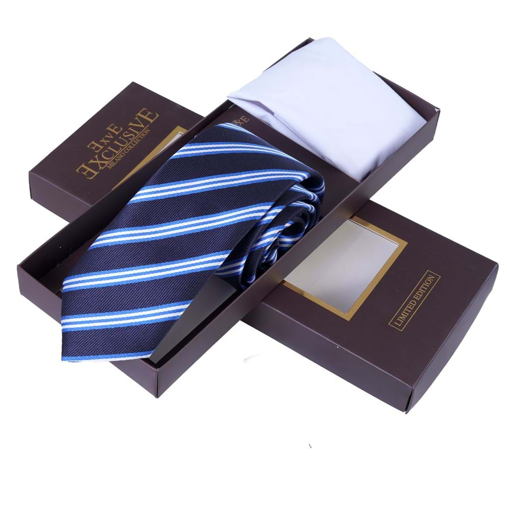 Blue White Navy Striped Tie and Pocket Square Set in Box