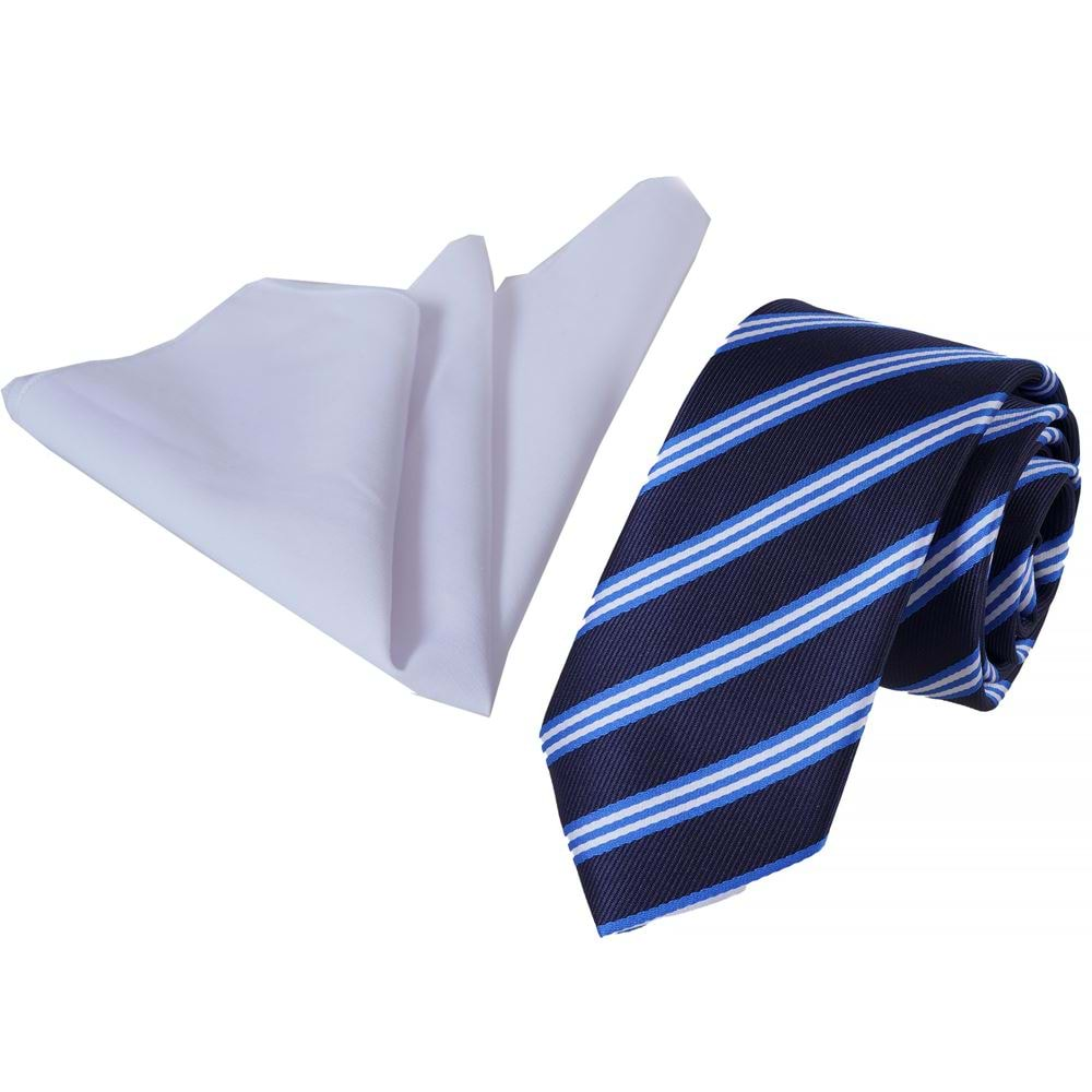 Blue White Navy Striped Tie and Pocket Square Set in Box