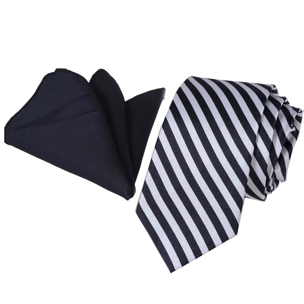 Black White Striped Tie and Pocket Square Set in Box