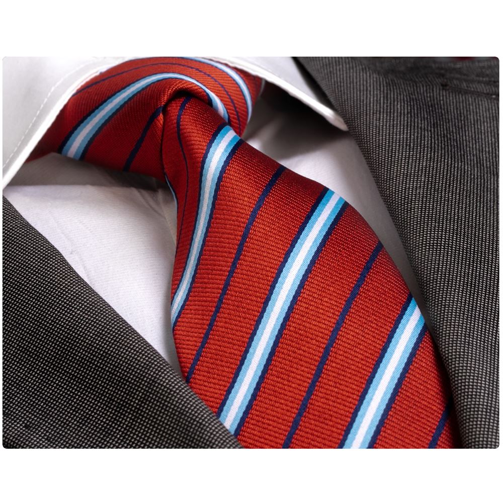 Red Blue Striped Tie and Pocket Square Set in Box