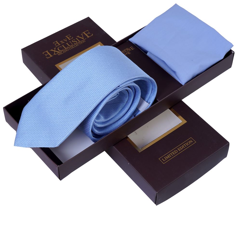 Baby Blue Designer Tie and Pocket Square Set in Box