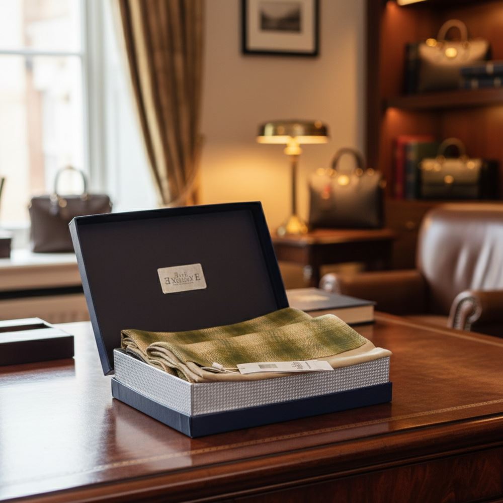 Khaki Beige Plaid Mens Scarf with PU Leather Gift Box