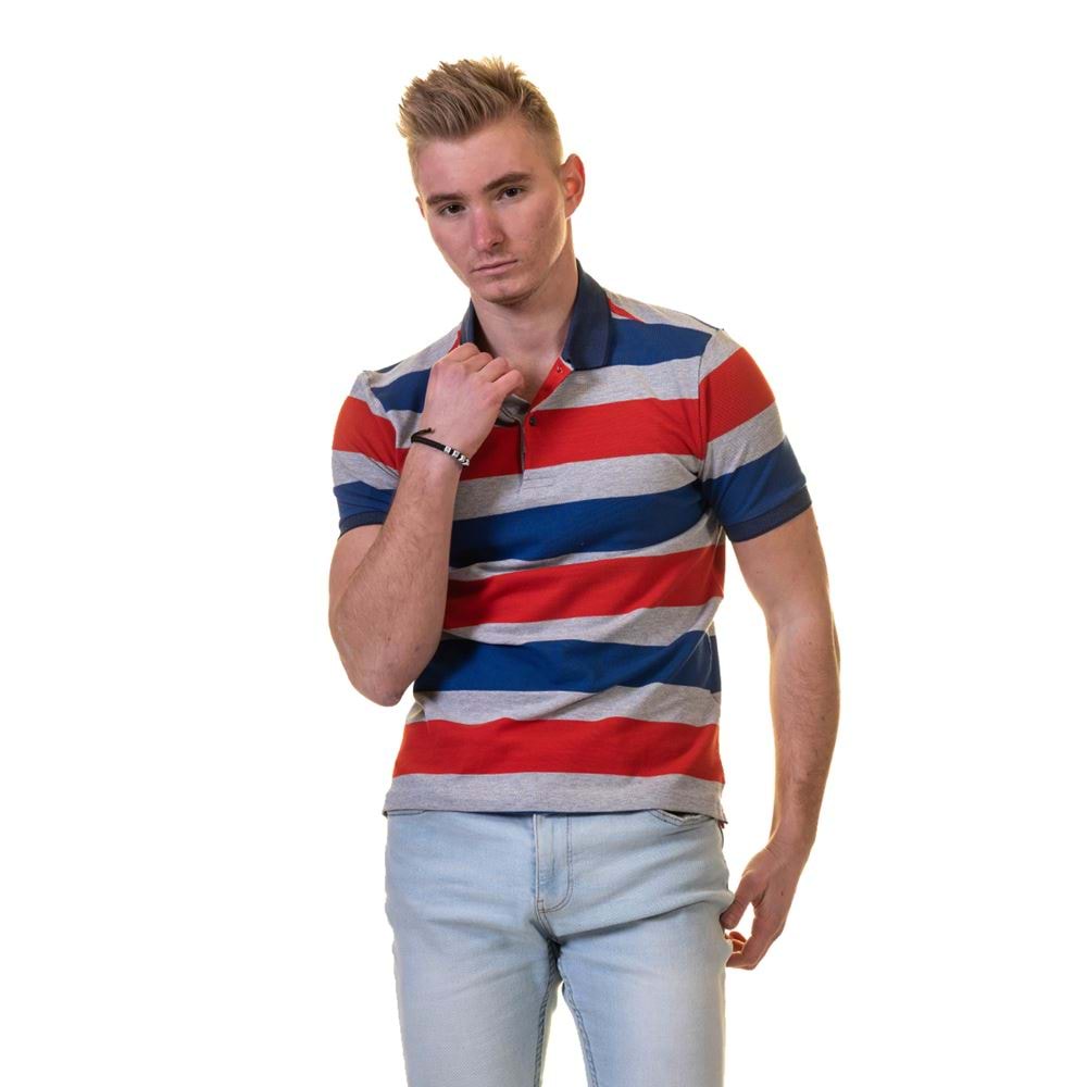 Gray Red Navy Striped Polo Shirt