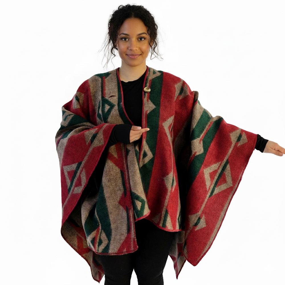 Green Beige Red Unisex Ethnic Camper Poncho
