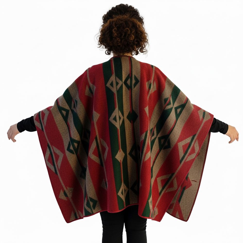 Green Beige Red Unisex Ethnic Camper Poncho