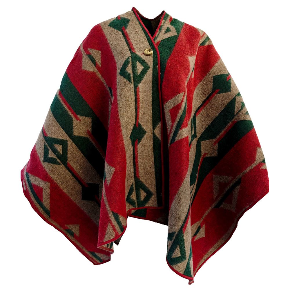 Green Beige Red Unisex Ethnic Camper Poncho