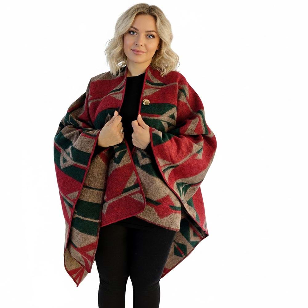 Green Beige Red Unisex Ethnic Camper Poncho