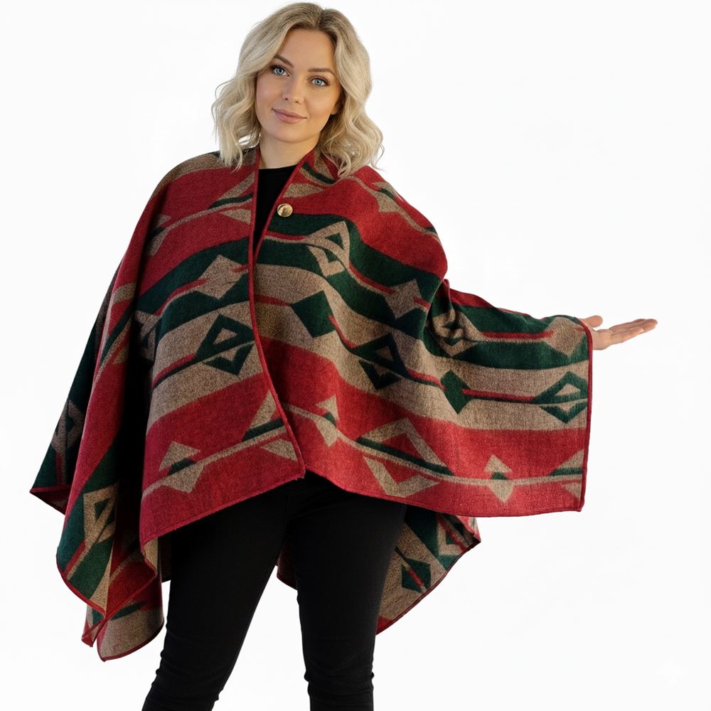 Green Beige Red Unisex Ethnic Camper Poncho