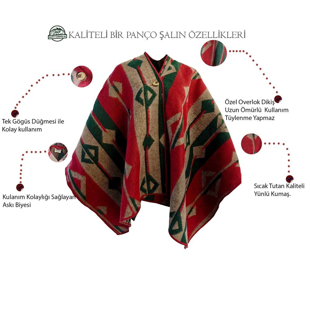 Green Beige Red Unisex Ethnic Camper Poncho