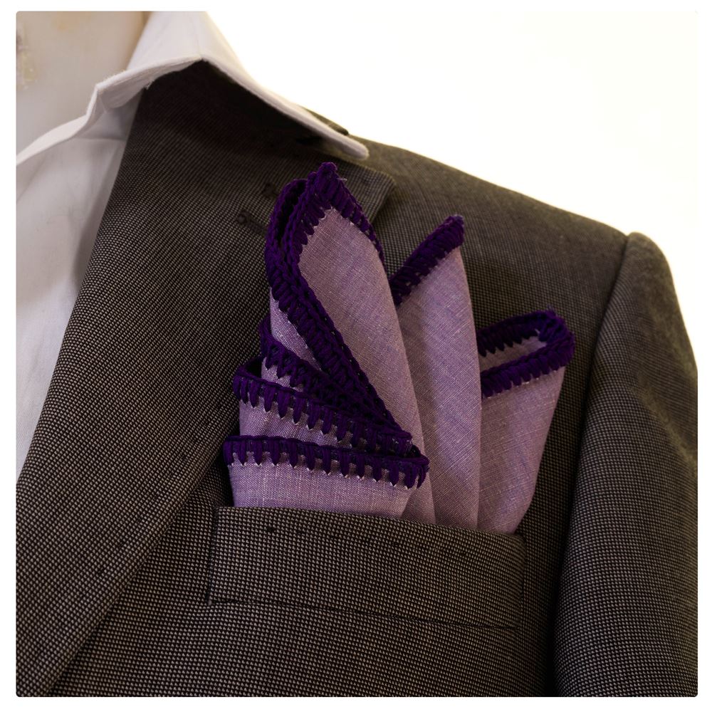 Lilac Natural Linen Handmade Signature Border Pocket Square