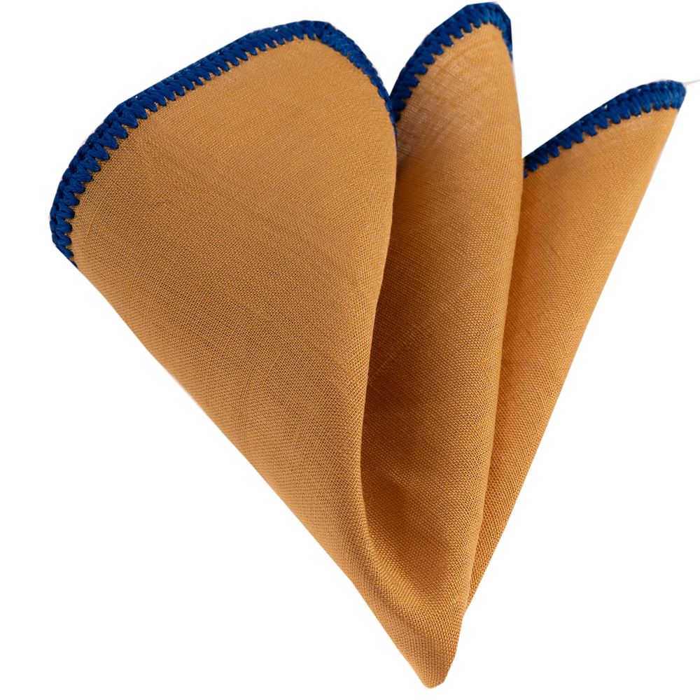 Mustard Pure Linen with Navy Signature Border Pocket Square