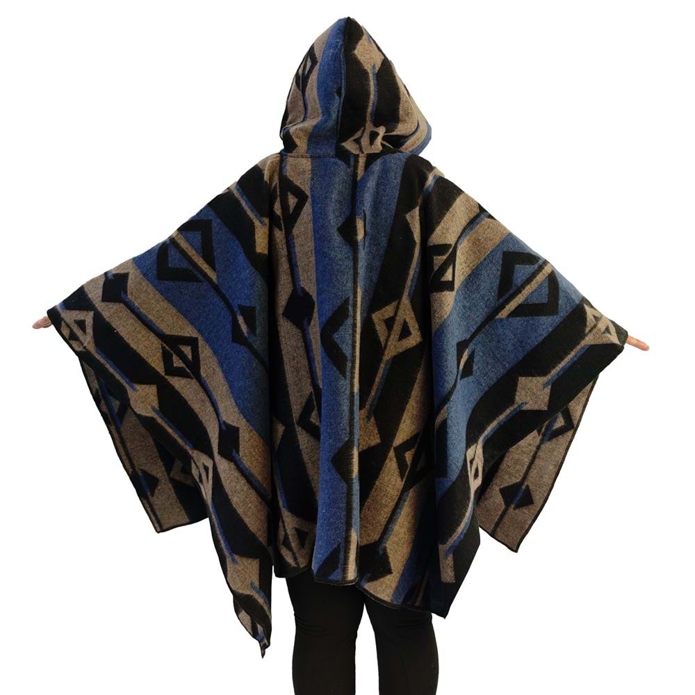 Blue Beige Black Hooded Unisex Ethnic Camper Poncho