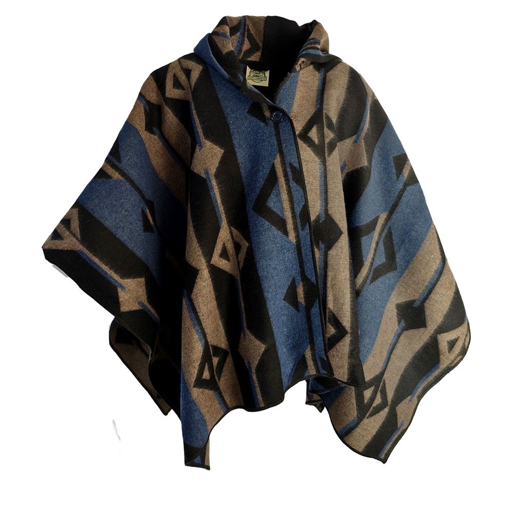 Blue Beige Black Hooded Unisex Ethnic Camper Poncho