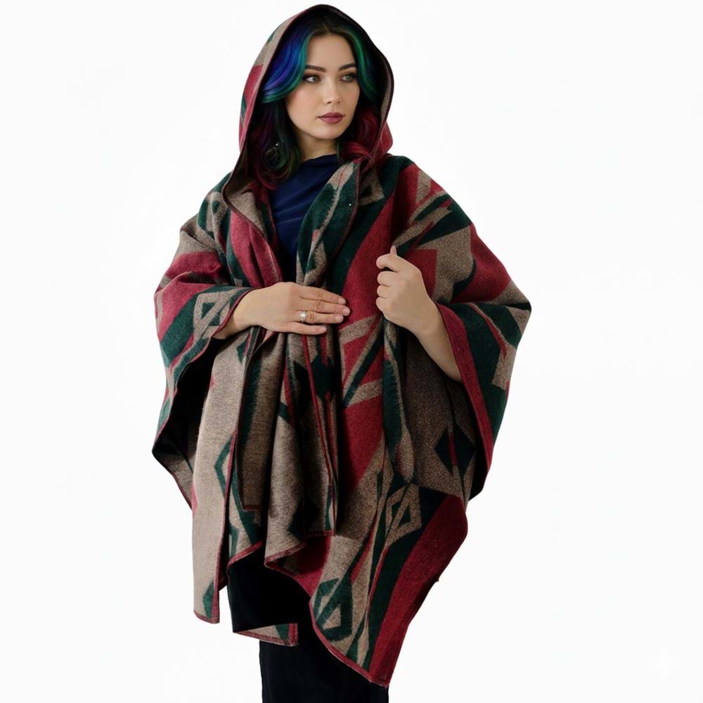 Green Beige Red Hooded Unisex Ethnic Camper Poncho